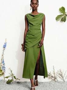 Vestido sin mangas de unicolor y minimalista para mujer, uso diario casual - Verde - Ver 5