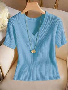 Camiseta de mujer elegante y casual de cuello en V y manga corta - Azul - Ver 6