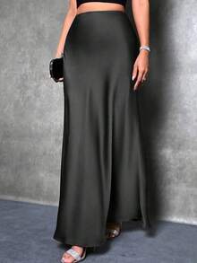 Falda de satén con dobladillo de sirena para PETITE, falda negra elegante para uso diario - Negro - Ver 6