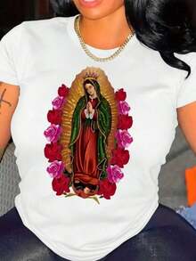 Playera camiseta gráfica dama mujer manga corta cuello redondo básica cómoda fresca ligera estampado mexicano vírgen virgencita guadalupe méxico rosas flor floral frase ruega por nosotros - Blanco - Ver 1