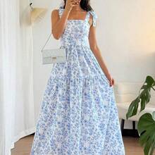 Holidaya French Elegant Pleated Flounce Floral Print Long Dress, Sleeveless V-Neck Ruffled Dress, Summer New Ladies Light Blue Gown Blue And White Floral Dress Long Dress Summer Blue And White Dress Women Women Vacation Dress - Rosa - Ver 2