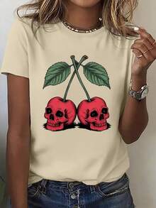 Camiseta Casual Deportiva para Mujer con Estampado de Calavera y Cerezas - [Rojo] - Ver 9