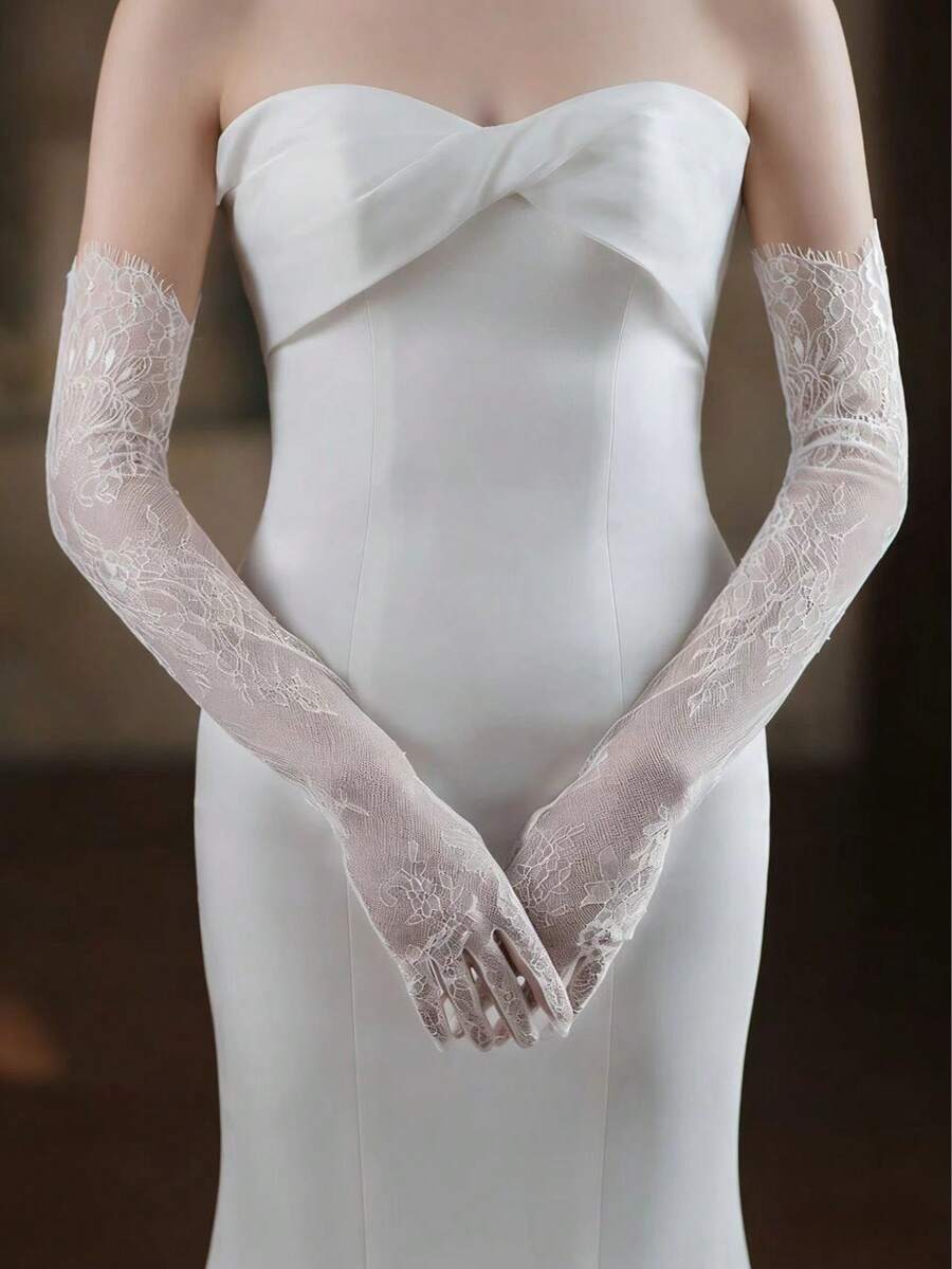 1 Pair Long White Wedding Gloves, Mesh Lace Design, Suitable For Daily Driving Sun Protection, Wedding, Date, Holiday Party, Valentine's Day Gift, Fashion Accessory, Bride And Summer Sun Protection