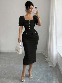 Nuevo vestido midi de punto texturizado con cuello cuadrado y mangas cortas, silueta elegante y versátil ajustada para mujeres - Negro - Ver 8
