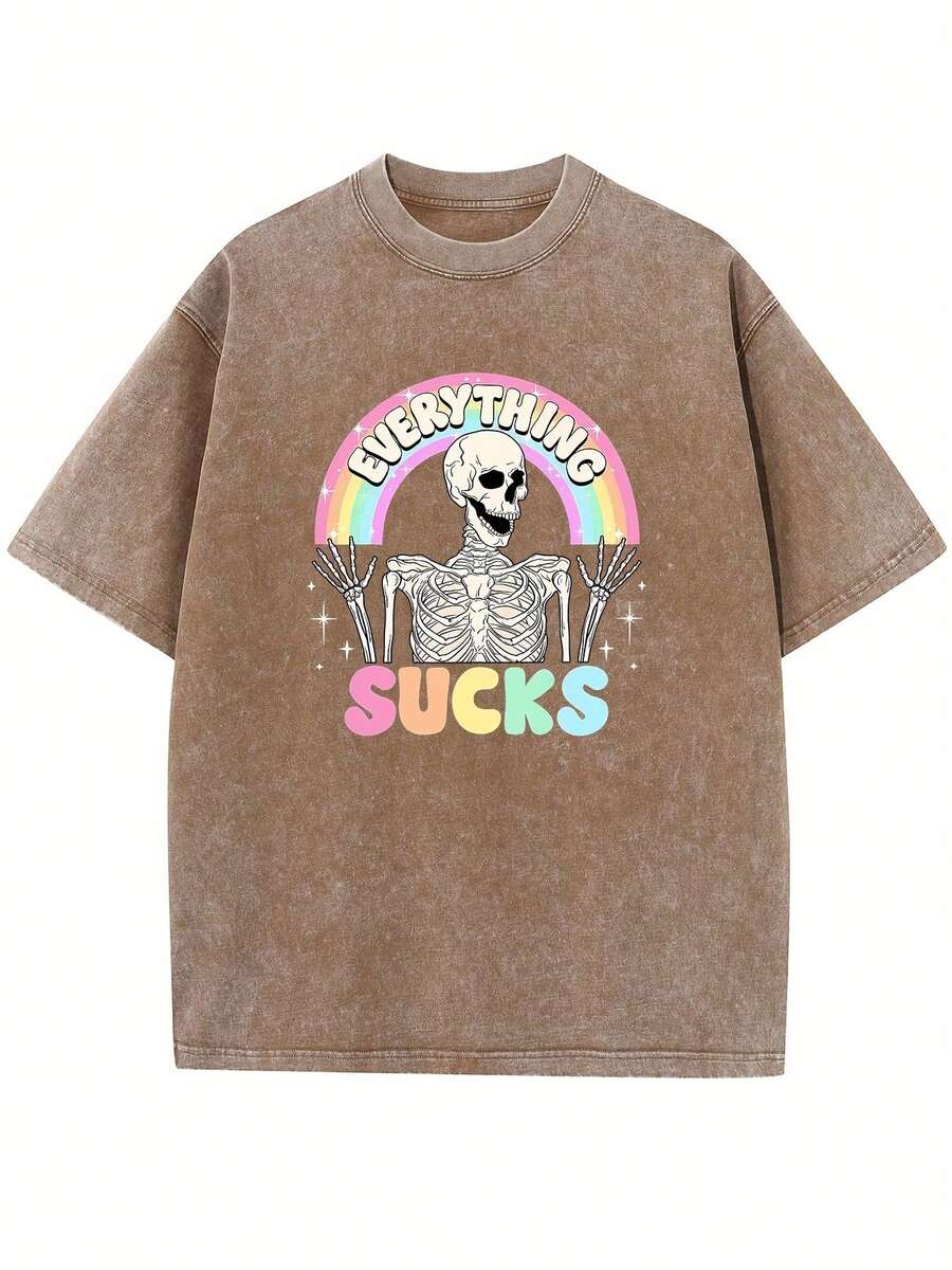 Camiseta de Halloween temática de terror Todo Es Terrible estilo vintage lavado algodón de alta calidad con estampado playeras de hombre ropa de verano vintage manga caída cuello redondo manga corta camiseta de mujer nacional envio - marrón café - Ver 1