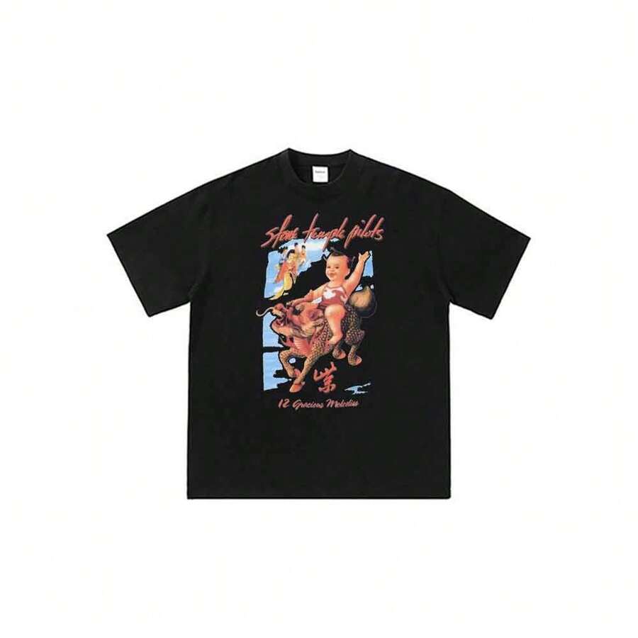 Camiseta unisex estilo retro de anime con estampado de dibujos animados y diseño de 12 melodías elegantes, ideal para el verano. - Negro - Ver 1