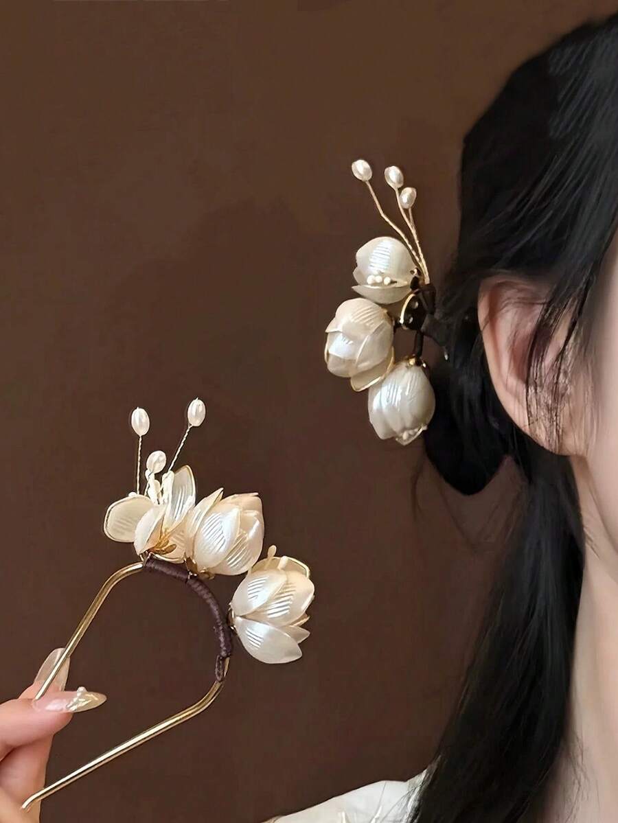 1件女款新式玉蘭花苞髮簪 新中式金屬U型髮簪 髮飾 頭飾 髮髻造型器 髮夾 - 彩色 - 查看 1