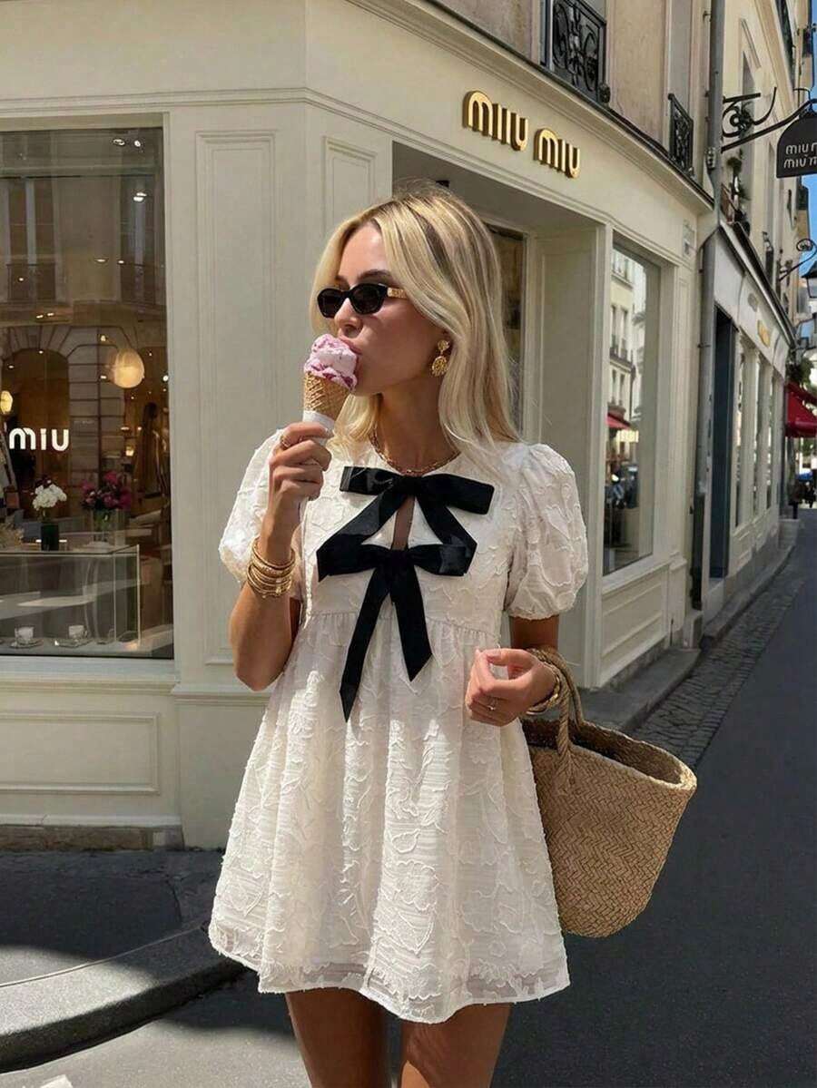 Vestido corto casual de mujer con bloqueo de color y lazo, para verano - Albaricoque - Ver 1