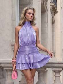Vestido corto de mujer de satén rosa y gasa con cuello halter y espalda descubierta, falda corta de línea A con dobladillo de volante doble que expone la cintura, elegante conjunto de verano adecuado para conciertos, fiestas, citas románticas, ceremonias de graduación y otras ocasiones - Morado - Ver 10