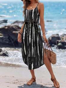 Vestido midi sin mangas con efecto tie-dye, con cintura ajustable y abertura, para el verano - Negro - Ver 6