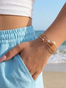 NAIZHU 1pc Fashionable Ocean Style Gold Starfish & Shell Open Bangle Bracelet For Women, Daily Dating & Vacation Accessory - Gold - View 2