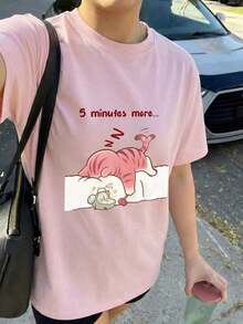 1 Women's Summer T-Shirt With Round Neck And Short Sleeves, Printed With The Phrase "Sleeping Cat" In English, Suitable For Summer, Beach, Street, And Everyday Party Occasions. Y2K Stylish Vacation Top, Casual Summer Outfit, Women's Holiday Clothes - 粉色 - 查看 4
