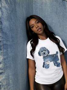 Camiseta Casual con Estampado de Caniche en Jeans para Mujer - Camiseta Cómoda y Casual con Adorable Estampado de Perro - Perfecta para Uso Diario 100% Algodón Resistente - Blanco - Ver 4