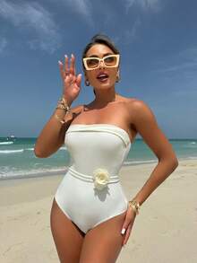 Nuevo traje de baño de una pieza multiuso con tirantes ajustables y bikini con estampado floral. - blanquecino - Ver 1