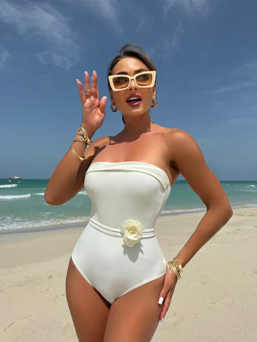 Nuevo traje de baño de una pieza multiuso con tirantes ajustables y bikini con estampado floral. - blanquecino - Ver 1