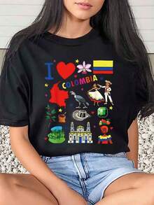 1 Piece Women's T-Shirt I Colombia With Traditional Symbols And Flag Print, For Daily Use In Carnival, Round Neck, Short Sleeve, Soft And Comfortable, 220Gsm180g 100% Cotton - 黑色 - 查看 1