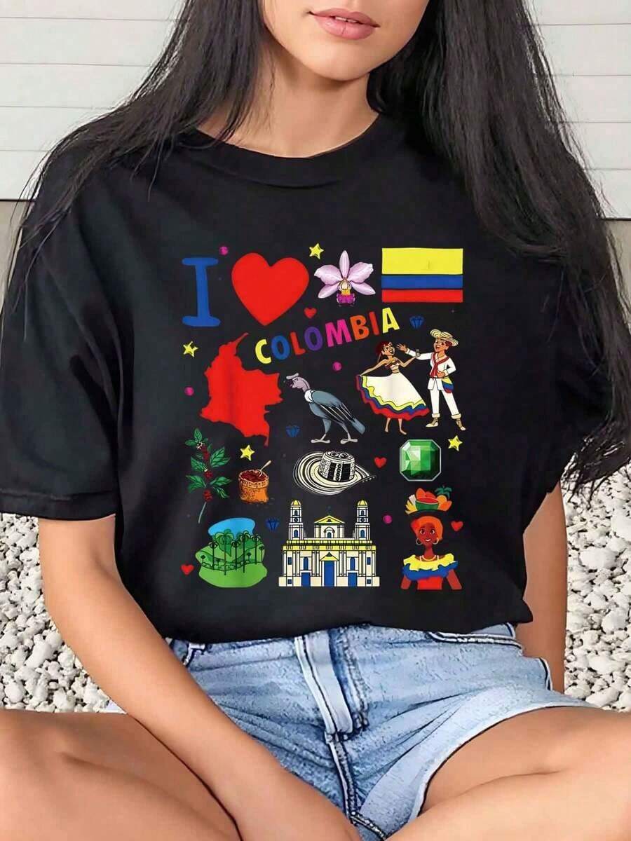 1 Piece Women's T-Shirt I Colombia With Traditional Symbols And Flag Print, For Daily Use In Carnival, Round Neck, Short Sleeve, Soft And Comfortable, 220Gsm180g 100% Cotton - 黑色 - 查看 1