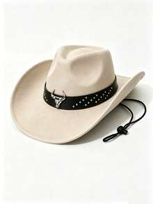 Unisex Faux Suede Western Cowboy Hat With Retro Long Horn Skull Rivet Leather Band, Adjustable Wind Rope, Vintage Cowboy Style For Outdoor, Festival, Travel, Daily Wear, Multi-Color For Men And Women - Suede Fat Cow Hat - View 6