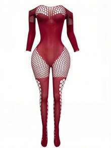 Women's Sexy Spaghetti Strap Mesh Bodystocking Lingerie - Burgundy - View 3