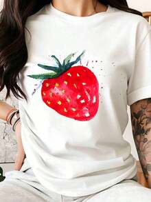 Women's Black T-Shirt With Strawberry Print, Casual Summer Top, Fruit Graphic Tee, Fashion Shirt For Everyday Wear - 白色 - 查看 6