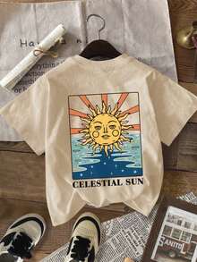 Camiseta de manga corta de cuello redondo casual con estampado gráfico deótem vintage de art, top de mujer versátil y de moda - Blanco - Ver 3
