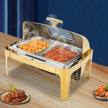 [SHZICMY]Roll Top Chafing Dish Buffet Set, 9L Stainless Steel Chafer, Rectangle Catering Warmer Server With Visible Lid Water Pan Fuel Holder,Chafing Dishes Roll Top Chafing Dishe, Chafing Dish With 2 Food Pans & Visible Lid, Rectangular Food Warmer - Gold - 14.8 Quart - View 4
