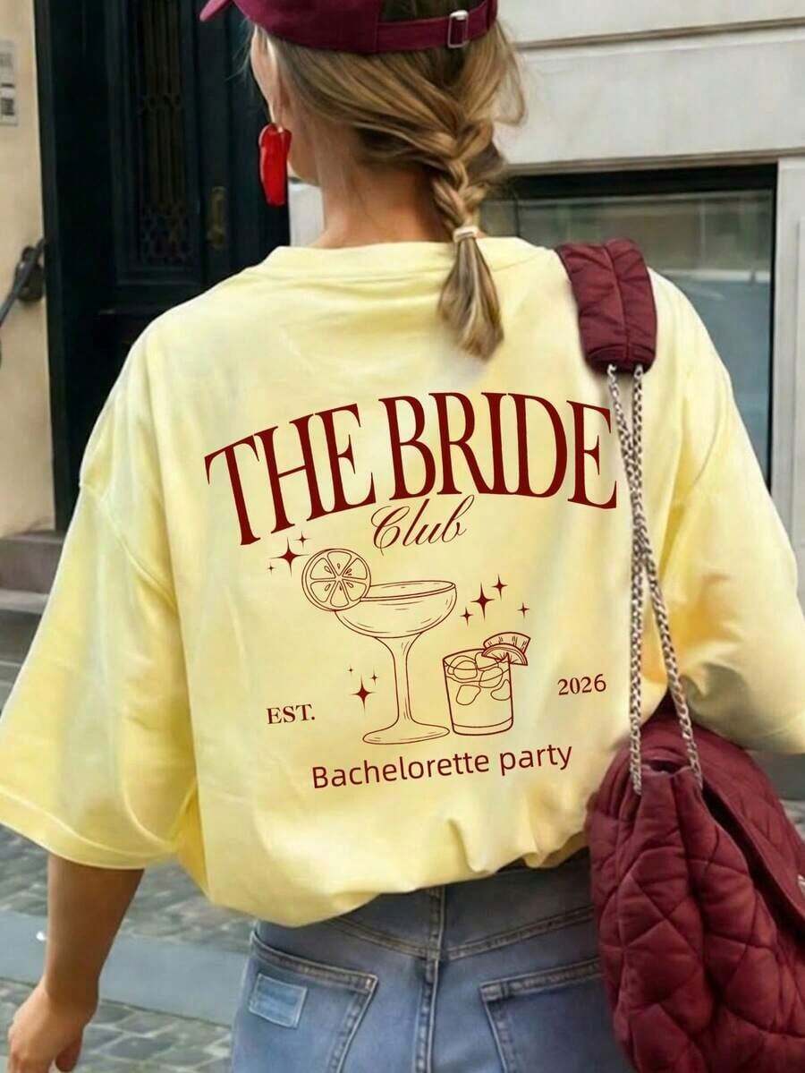 Women's T-Shirt With A Round Neck, Letter Print, And Short Sleeves. Suitable For Summer, The Beach, Street Style, Everyday Wear, Work, Office Parties, Going Out, Carnivals, Music Festivals, Valentine's Day, And Casual Occasions. - 檸檬黃 - 查看 1