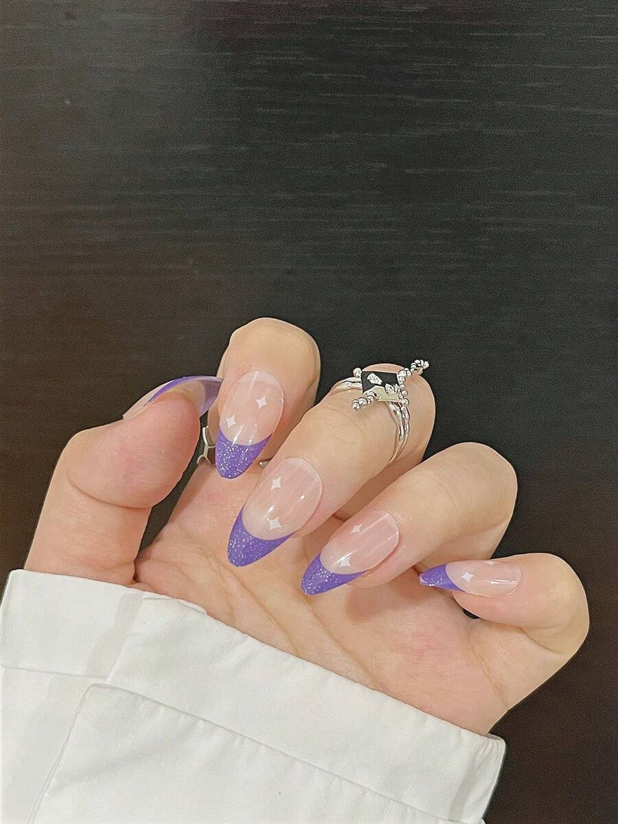 24片杏仁形按压式假指甲/撞色星形设计，简约时尚，适合聚会、节日和日常佩戴。附赠1片果冻胶和1条摩擦条。 - 彩色 - 查看 1