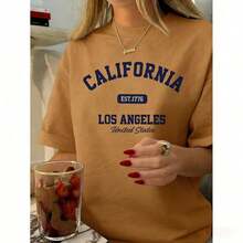 Women's Vintage Graphic T-Shirt With California Los Angeles Design - Casual Crew Neck, Short Sleeve, Cotton, Machine Washable, EST 1776 Print2025 - 咖啡棕 - 查看 2