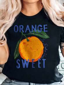 Camiseta Casual Naranja con Estampado de Frutas Dulces, Top Casual de Verano para Mujer, 220g, 100% Algodón, Duradera - Negro - Ver 2