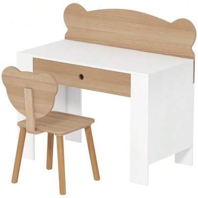 Children's Desk Set With Tabletop And Drawer, Bear-Shaped Desk And Chair, School Desk, Children's Desk, Desk For Young Boys And Girls, Natural Wood