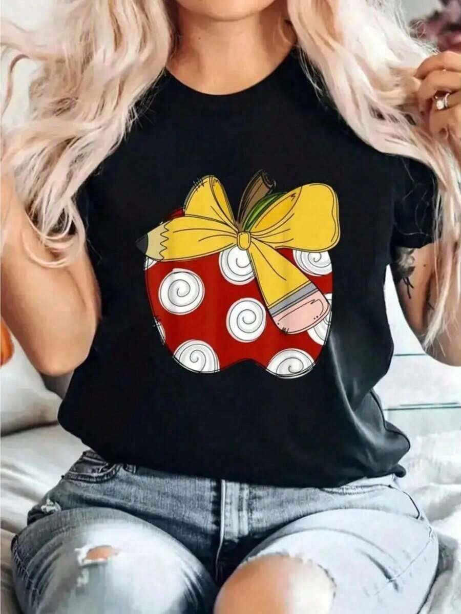 Camiseta Casual de Manga Corta con Cuello Redondo para Mujer, Diseño con Estampado de Manzana Simulado, Largo Regular, Tela Ligeramente Elástica, Blusas para Mujer - Negro - Ver 1