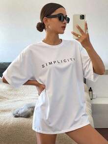 1 pieza Camiseta de manga corta con cuello redondo y estampado de letras, corte holgado, SIMPLICITY, Verano, 180g, 100% Algodón - Blanco - Ver 3