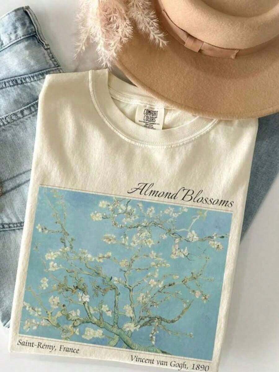 100% Cotton Printed T-Shirt, Plus Size, Van Gogh Almond Blossom Print T-Shirt, Famous Painting Print T-Shirt, Floral T-Shirt For Art Lovers, Y2K Style, Summer Top. - 白色 - 查看 1