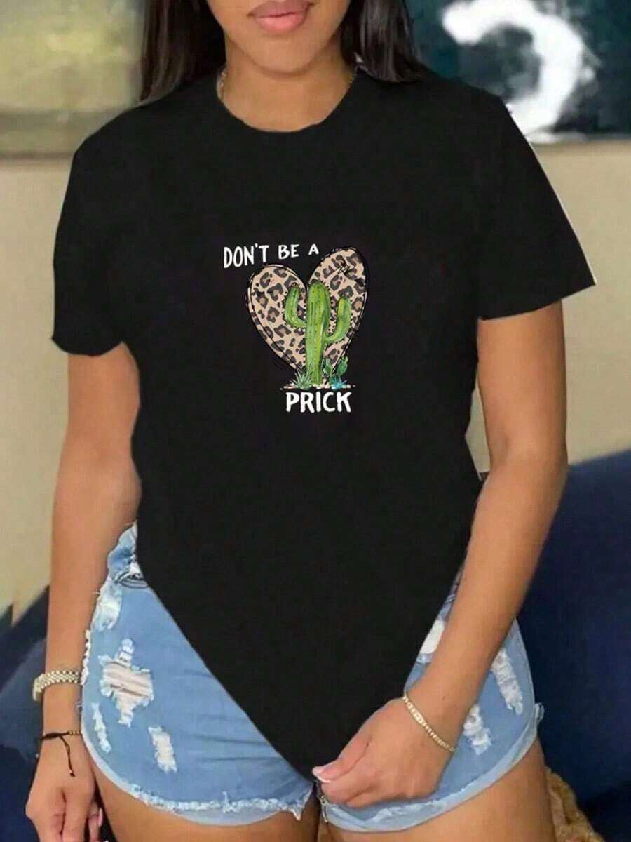 SimpieAndVersatileDesignCamiseta casual con estampado de letras de corazón con estampado de leopardo de cactus para mujer Camiseta holgada informal para mujer con estampado de cactus y leopardo con corazones Camisetas de MujerCottonT-Shirt - Negro - Ver 1