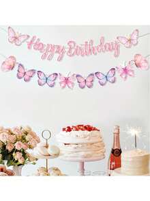 2pcs/Set Butterfly Birthday Pull Flags, Cartoon Pink Butterfly Birthday Banner With "Happy Birthday" Text, Suitable For Butterfly Themed Birthday Party Wall Decor, Perfect For Butterfly Style Party And Home Decor - Multiple Styles - View 7