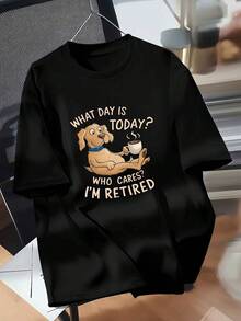 Women's Plus Size "Retired Dog Chill Day" T-Shirt - Casual Short Sleeve Crew Neck, Beige With Fun "Retired Dog" Graphic Print,  Spring/Summer Top, Casual Spring Wear. | Casual Crew Neck | Stretch Fabric T-Shirt - 黑色 - 查看 5