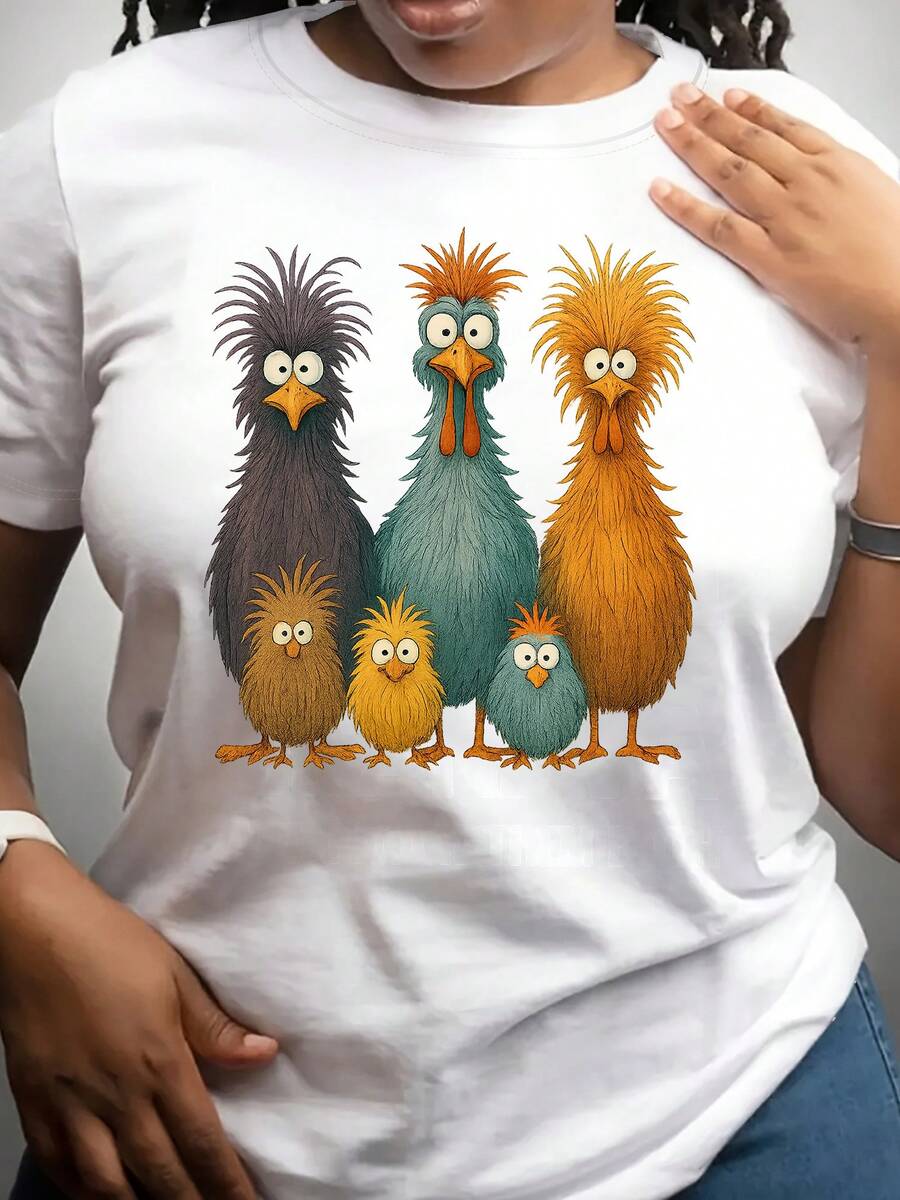 Women's Casual Short Sleeve T-Shirt With Cartoon Chicken Print - Crew Neck T-Shirt With Vibrant Animal Graphic, Medium Stretch Fabric, Machine Washable For Spring, Summer And Autumn, Women's T-Shirts, Everyday Wear, Original Fashion, Breathable Material, Printed T-Shirt, Fun Style - 白色 - 查看 1