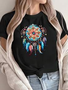 Camiseta de manga corta para mujer con estampado frontal para verano, hecha de tela cómoda y transpirable, perfecta para un estilo casual, ideal para primavera y verano - Negro - Ver 2