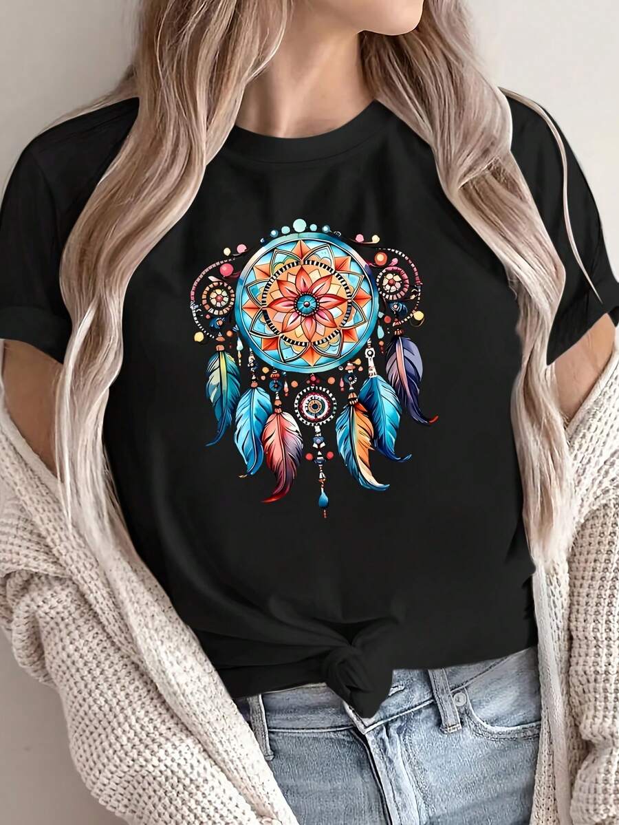 Camiseta de manga corta para mujer con estampado frontal para verano, hecha de tela cómoda y transpirable, perfecta para un estilo casual, ideal para primavera y verano