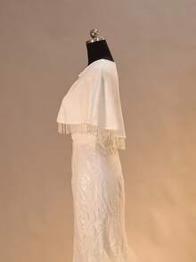 1pc White Printed Short Crystal Tassel Women's Cape, Suitable For Wedding, Party, And Formal Occasions - White - View 4