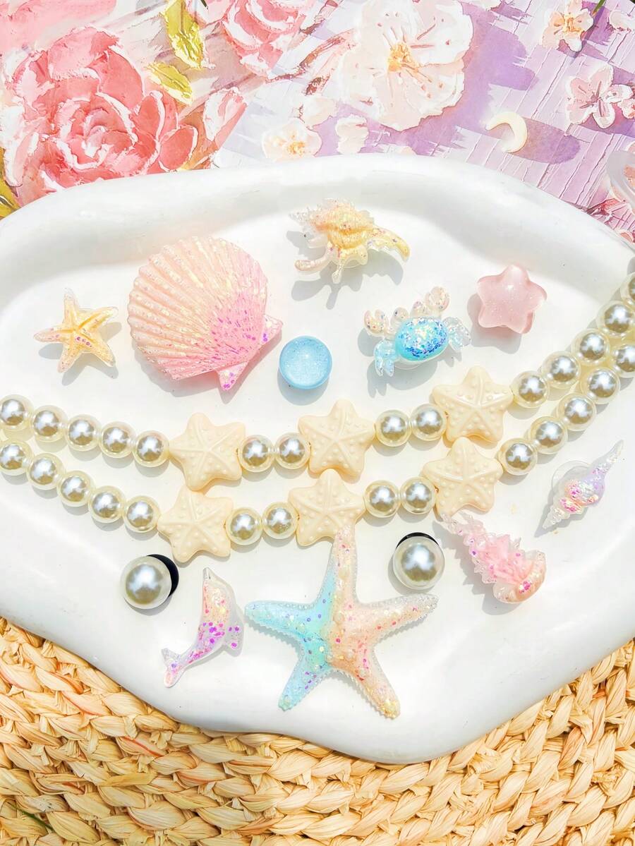 14件組多色海洋系列鞋飾（海星、棕櫚樹、貝殼、海螺、愛心），適用於穿孔拖鞋的DIY裝飾配件，生日派對與節日禮物首選