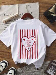 1 camiseta de verano para mujer, de corte holgado, cuello redondo, manga corta, con estampado de corazones a rayas "MORE AMORE PER FAVORE", adecuada para vacaciones, oficina, salidas, uso diario, citas, fiestas, reuniones, uso en la calle y otras ocasiones informales, color blanco. - Blanco - Ver 4