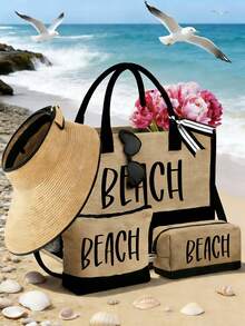 女款海灘托特包套組，附「BEACH」字母藝術圖案，包含大容量托特包、黑色時尚眼鏡、海灘帽、2個化妝包、1個輕量可重複使用購物袋及迷你錢包 - 彩色 - 查看 14
