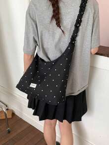 Spring New Fresh Floral Pleated Large Capacity Shoulder Bag, Korean Casual Tote Bag For Women - Black - View 4