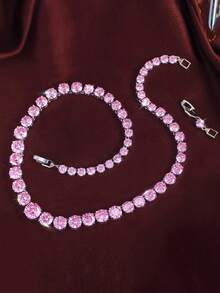 1pc Top Purple Pink Cubic Zirconia Round Tennis Chain Necklace Choker For Women, Wedding, Bridal Party, Costume Jewelry - Round - View 5