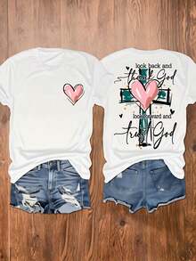 Look At It Again And Thank God, Move Forward And Trust In God. Women's Regular Short Sleeve T-Shirt - Fun Cartoon Letter Print, Crew Neck, Casual Style - Machine Washable, Fashionable Women's Clothing, Breathable And Comfortable. - 白色雙面 - 查看 1