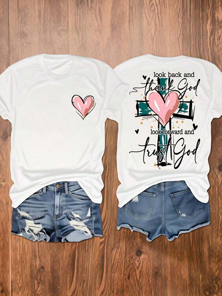 Look At It Again And Thank God, Move Forward And Trust In God. Women's Regular Short Sleeve T-Shirt - Fun Cartoon Letter Print, Crew Neck, Casual Style - Machine Washable, Fashionable Women's Clothing, Breathable And Comfortable. - 白色雙面 - 查看 1