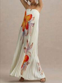 Long, European-Style Printed Off-The-Shoulder Dress, Loose Fit With Elaborate Pleats. - 白色 - 查看 4
