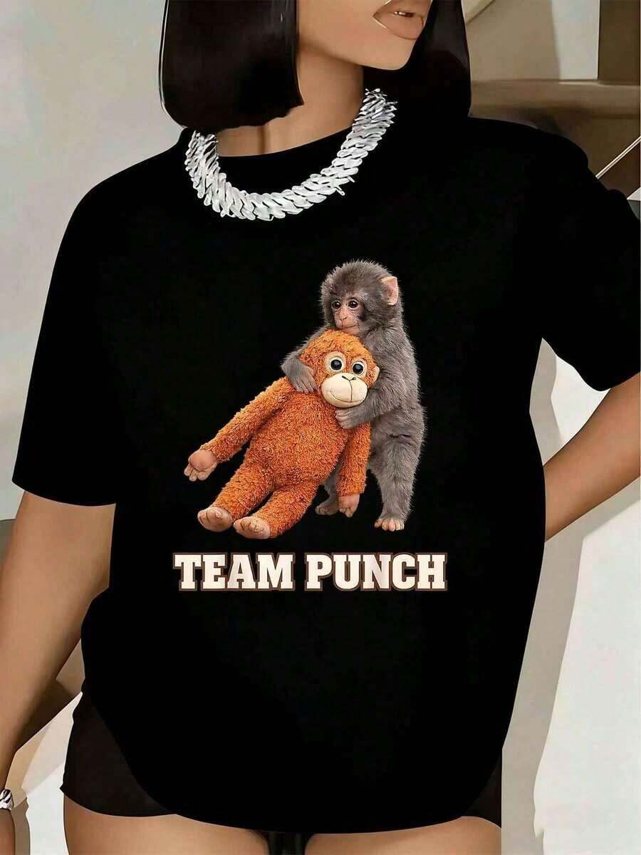 Women's T-Shirt With Print Of A Monkey Hugging A Plush Toy And The Text "Team Punch", Short Sleeve, Round Neck, Casual Summer Wear, 220g - 黑色 - 查看 1